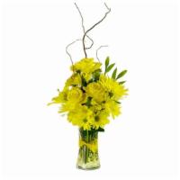 Sunshine Sparkle · Sunny yellow roses, mums and lilies rise from sparkling glass stones — a bright and cheery c...