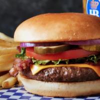 Cheeseburger · Grilled and topped with thick cut cheddar cheese, served with leaf lettuce, tomato, red onio...