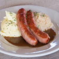 Bierwurst Dinner · Two grilled bierwursts: beef and pork sausages served with mashed potatoes and imported saue...