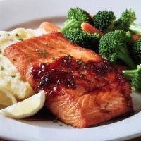 Dunkel Bourbon Salmon · Pan seared Atlantic salmon fillet topped with our homemade dunkel bourbon glaze. Served with...