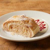Apfel Strudel · Traditional German apple strudel. Imported from Bavaria and served warm with vanilla and ras...