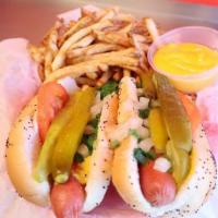 2 Hot Dogs W/Fries & Drink · Vienna hot dogs on a poppy seed bun wrapped up in our fresh cut fries! 