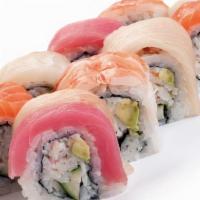 Rainbow · California roll topped with assorted fish.