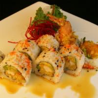Shrimp Tempura Roll · Shrimp tempura, asparagus, avocado and caviar topped with unagi sauce.
