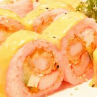 Forte -22. Roll · Shrimp tempura, crabmeat, cream cheese, caviar, Sriracha and avocado wrapped with pink soy p...