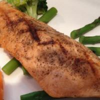 Grilled Salmon · Grilled salmon with salt and pepper, served with vegetables.