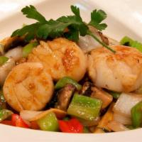 Sauteed Sea Scallops · Scallops sauteed with an oyster sauce and mixed vegetables.