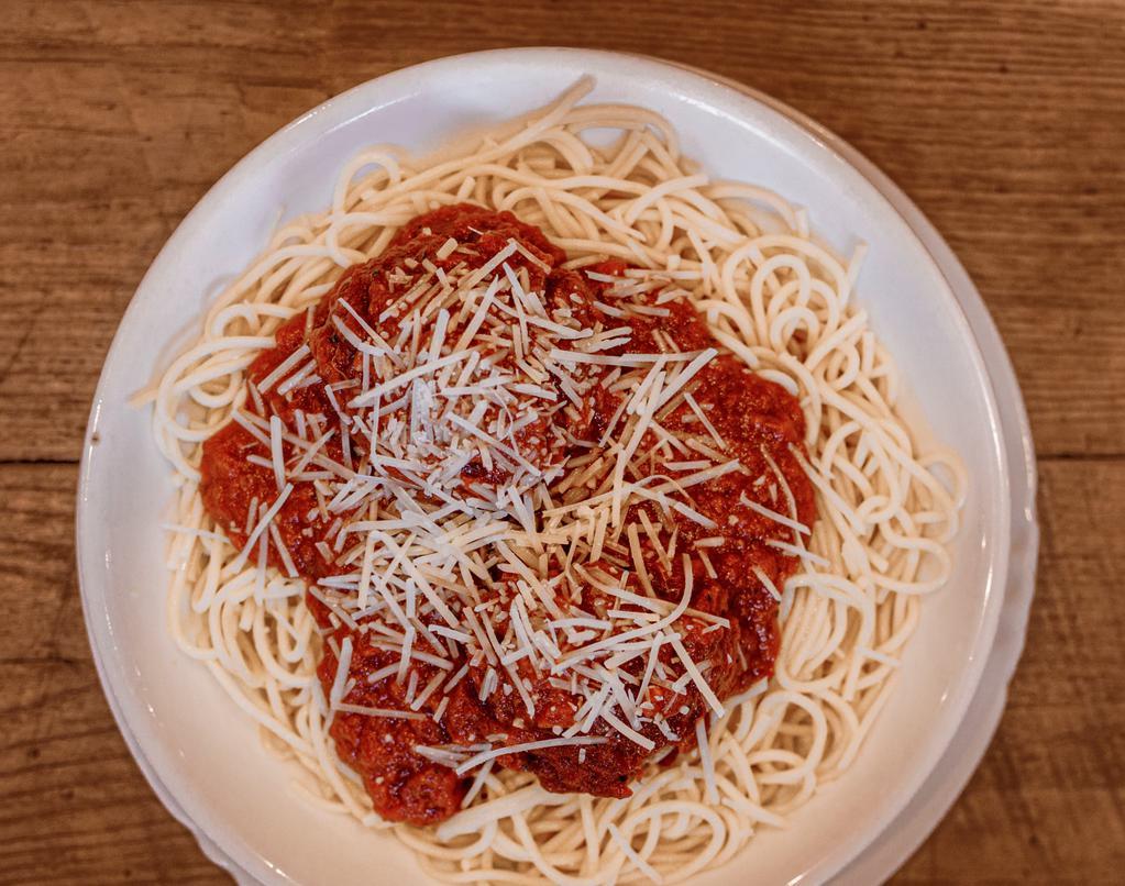 Spaghetti & Meatballs · freshly prepared marinara, Chef's Famous Meatballs and topped with parmesan cheese.