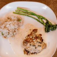 Chicken Or Veal Piccata · breaded and pan-seared, topped with a creamy caper, lemon, and butter sauce. Served atop ric...