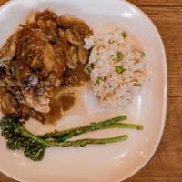 Chicken Or Veal Marsala · breaded and pan-fried in a garlic, mushroom Marsala sauce, with rice pilaf.