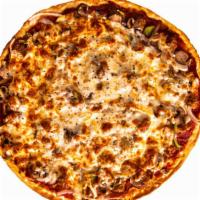 Sausage Supreme Pizza · Pizza Sauce, Pizza Cheese, Italian Sausage, Mushrooms, Onions and Green Peppers.
