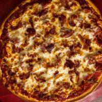 Meat Classic Pizza · Pizza Sauce, Pizza Cheese, Canadian Bacon, Beef - Ground, Italian Sausage and Pepperoni.