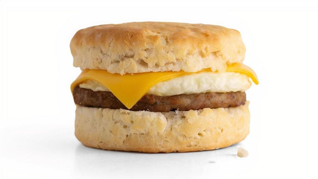 Sausage Biscuit Breakfast Sandwich · Sausage patty, egg and American cheese on a flaky biscuit