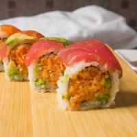 Lover Roll · Spicy snow crab & avocado inside, tuna & salmon on top, w. eel sauce & spicy mayo.