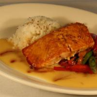 Ponzu Glazed Salmon · Sticky rice, stir-fried vegetables (sugar snap peas, red peppers, shiitake mushrooms), and p...
