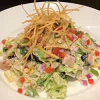 Gluten Free Chopped Bbq Salad · Crisp tortillas, BBQ chicken, pepper jack cheese, tomatoes, corn, red onions, and creamy cil...