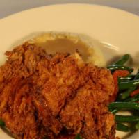 Southern Fried Chicken · Skillet beans (green beans, candied pecans, and red peppers), buttermilk mashed potatoes, an...