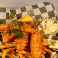 Crispy Fish & Chips · Beer battered fish served with diner slaw, sweet pickle remoulade, and French fries.  Sweet ...