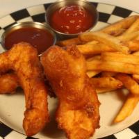 Kid'S Chicken Tenders · Deep fried chicken tenders with BBQ sauce for dipping and choice of side.