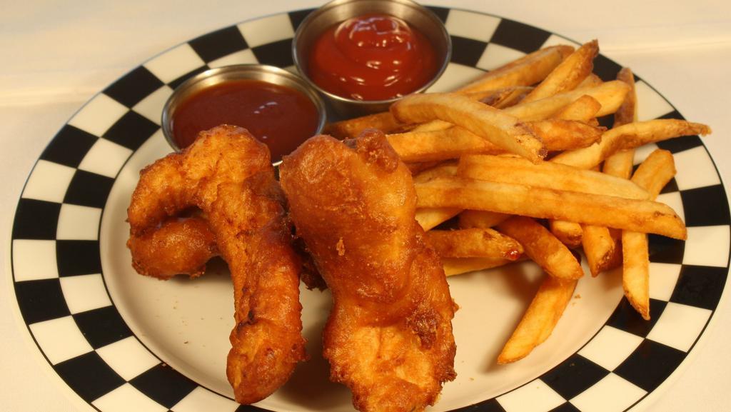 Kid'S Chicken Tenders · Deep fried chicken tenders with BBQ sauce for dipping and choice of side.