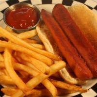 Kid'S Hot Dog · Grilled Kosher hot dog with choice of side.