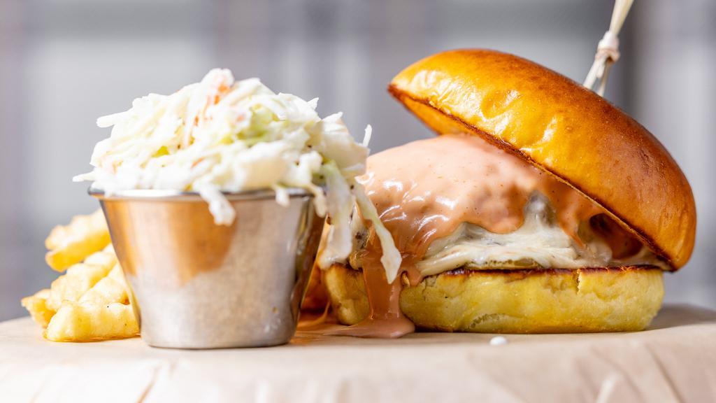 Birch Burger · House blend beef, white American cheese, pickles, Kewpie sauce.