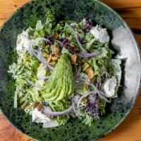 Gatherer Salad · Gluten free. Mixed greens, quinoa, goat cheese, red onions, pistachios, avocado, green godde...
