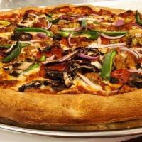Lg Moe'S Deluxe Pizza · Italian Sausage, Pepperoni, Mushrooms, Green Peppers, Red Onions topped with Mozzarella Chee...