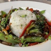 Kobe Kai Stir Fry · A fresh vegetable mix of red peppers, onions, broccoli, mushrooms, carrots and pea pods. Tos...