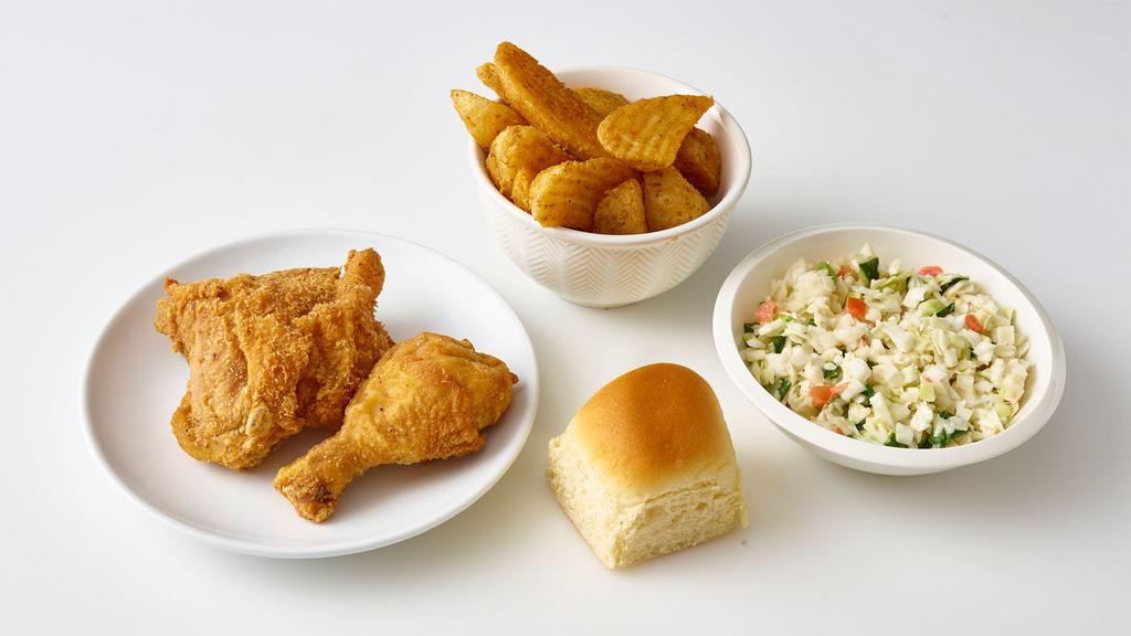 2-Piece Dark Meal · 1 leg, 1 thigh, 2 small sides, and a roll/biscuit. Serving size: 1.