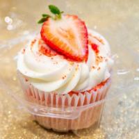 Strawberry Cheesecake Crunch · Our gourmet strawberry cupcake with cheesecake in the center topped with crumbs and a strawb...