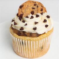 Chocolate Chip Cookie Dough · Our vanilla cupcake mixed with chocolate chips, along with cookie dough in the center, toppe...