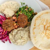 Veggie Feast · Most popular, vegan. A vegan's dream! Hummus, baba ganoush, falafel, quinoa tabbouleh, cumin...