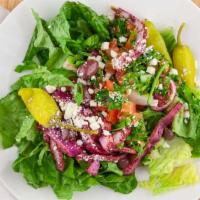 Greek Salad · Vegan and gluten-free. Romaine lettuce, tomato, cucumber, sumac onion, kalamata olives, pepp...
