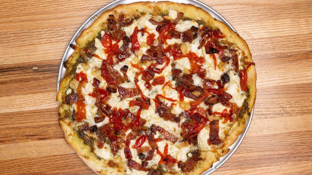 Soprano · Basil Pesto, Chicken (or Eggplant, for Vegetarian-style), Roasted Red Peppers, Roma Tomatoes, Red Onion, Balsamic, Asiago, Mozzarella.