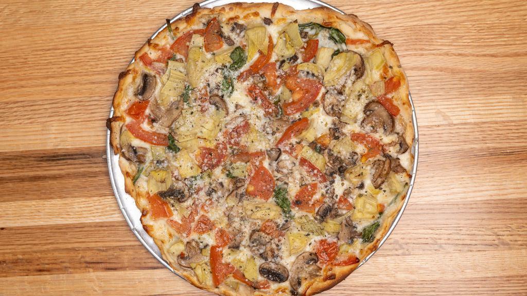 Francesco · Alfredo, Roma Tomato, Artichokes, Cremini Mushrooms, Spinach, Garlic, Mozzarella, Romano, Gusto Pizza Co. Seasoning.