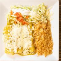 Enchiladas Verdes  · Three chicken enchiladas topped with green sauce and sour cream. Served with rice and cream ...