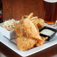 Fish & Chips · Old King Kolsch battered cod served with fries and bread and butter pickle slaw.