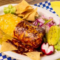 Wet Burrito · Regular burrito, topped with red enchilada sauce, cheese, sour cream, onion, and cilantro. S...