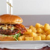  Steakhouse Burger · Topped with creamy blue cheese crumbles, grilled onions, pepper bacon, horseradish-Dijon sau...