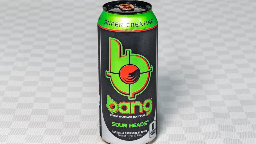 Bang Sour Heads 16Oz · Power up with Bang's potent brain & body-rocking fuel: Creatine, Caffeine, CoQ10 & BCAAs (Branched Chain Amino Acids.)