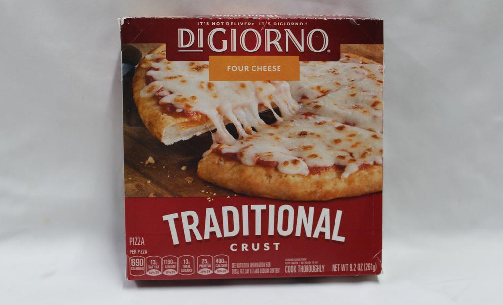 Digiorno Frozen Four Cheese Personal Pizza On A Traditional Crust 9.2 Oz · DIGIORNO Frozen Four Cheese Personal Pizza on a Traditional Crust is created with the same great taste you love, but in a smaller size so you don't have to share. This small frozen pizza is topped with real mozzarella, Parmesan, Asiago and Romano cheese, delivering a frozen four cheese pizza that's delicious and easy to make. DIGIORNO traditional pizza crust bakes up crispy on the outside and soft and airy on the inside for a truly delicious personal pizza. This single serve cheese frozen pizza is made with 100% real cheese and DIGIORNO signature tomato sauce. Step up your quick dinners and afternoon lunches with a small frozen cheese pizza from your oven. Keep this DIGIORNO pizza frozen until you're ready to enjoy. It's not delivery, it's DIGIORNO.
