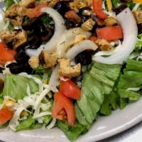 House Salad · Lettuce, cheese, tomatoes, onions, and black olives.