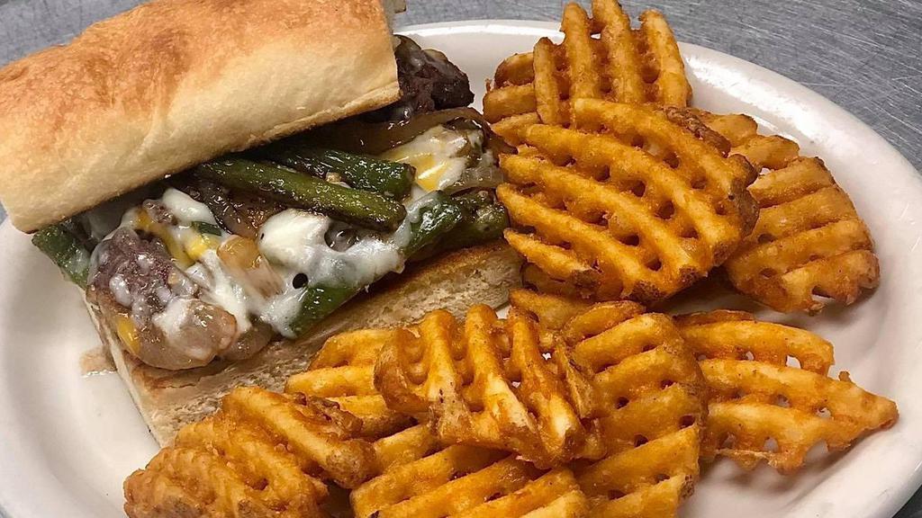 Philly Cheesesteak Sandwich · 6 oz. chopped steak served on a toasted French bread smothered with mozzarella cheese, green peppers, and grilled onions.
