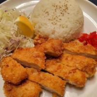 Chicken Katsu · Breaded and deep-fried chicken cutlet, served with. shredded cabbage and katsu sauce