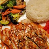 Chicken Teriyaki · Grilled chicken served over stir-fried vegetables (contains. mushroom), topped with teriyaki...