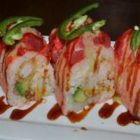 Tsunami Roll · shrimp tempura, lobster salad, soft shell crab, avocado topped with spicy tuna, jalapeno. ho...
