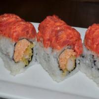 Riverdale Roll · shrimp tempura, spicy snow crab topped with spicy tuna. spicy mayo, eel sauce.