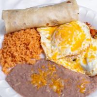Huevos Rancheros · Two over-medium eggs over a bed of pico de gallo. Served with rice and beans and flour or co...