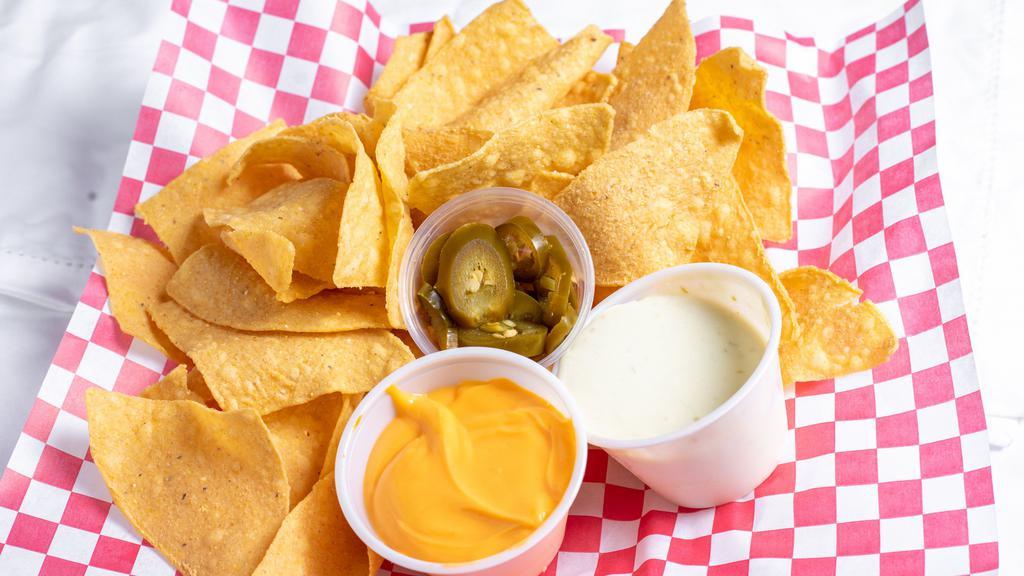 Chips & Cheese · Yellow nacho cheese with jalapeno.